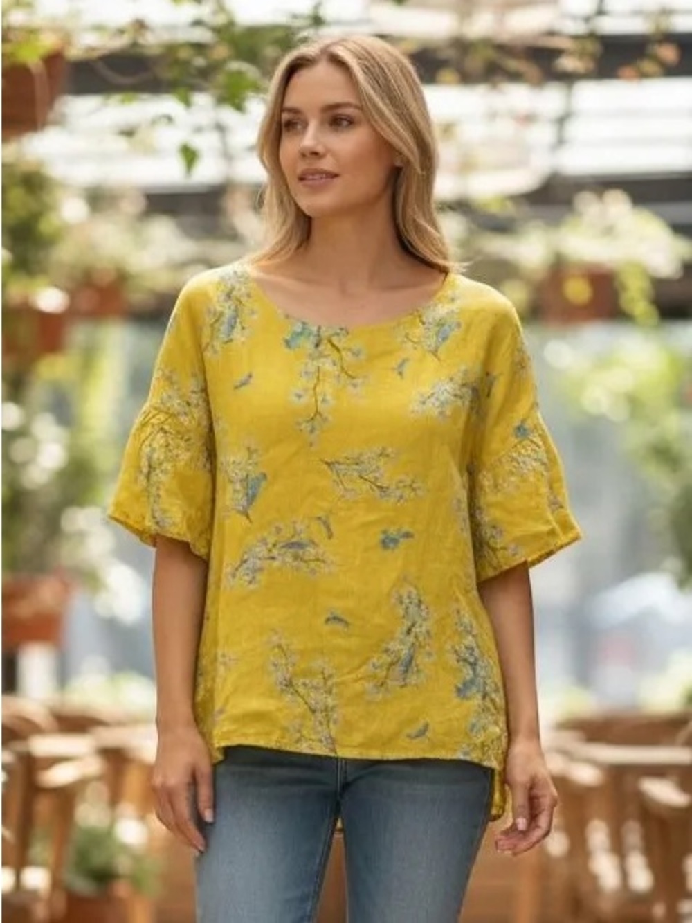 Valentina Naldi 100% Linen Floral Bird Peplum Blouse Made in Italy S
